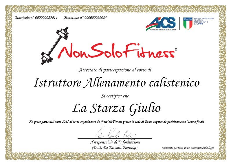 Certificazione Allenamento Calistenico - Giulio La Starza Personal Trainer Roma Nord